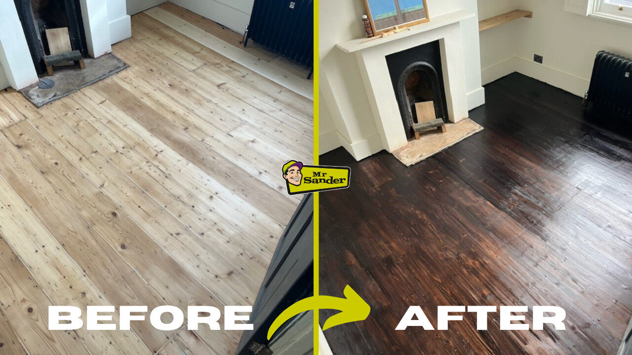 Before-and-after split of solid pine floorboards professionally treated by Mr Sander—natural pine on the left, rich ebony sheen on the right after staining wood floors.