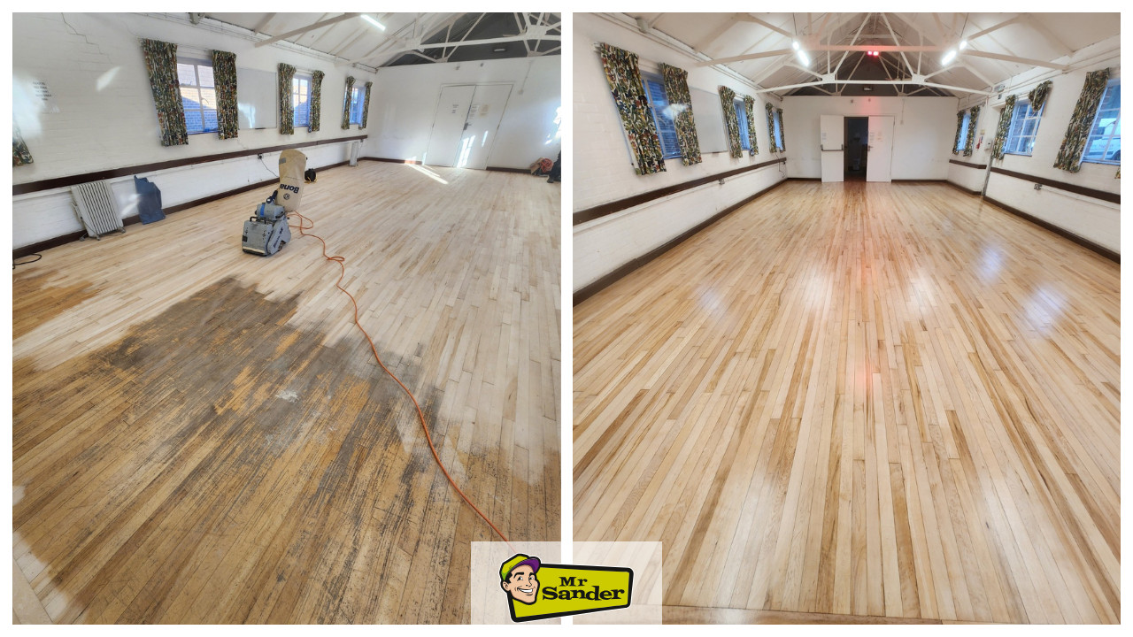 Commercial floor sanding before and after comparison showing a worn hardwood strip floor restored to a smooth, polished timber finish.