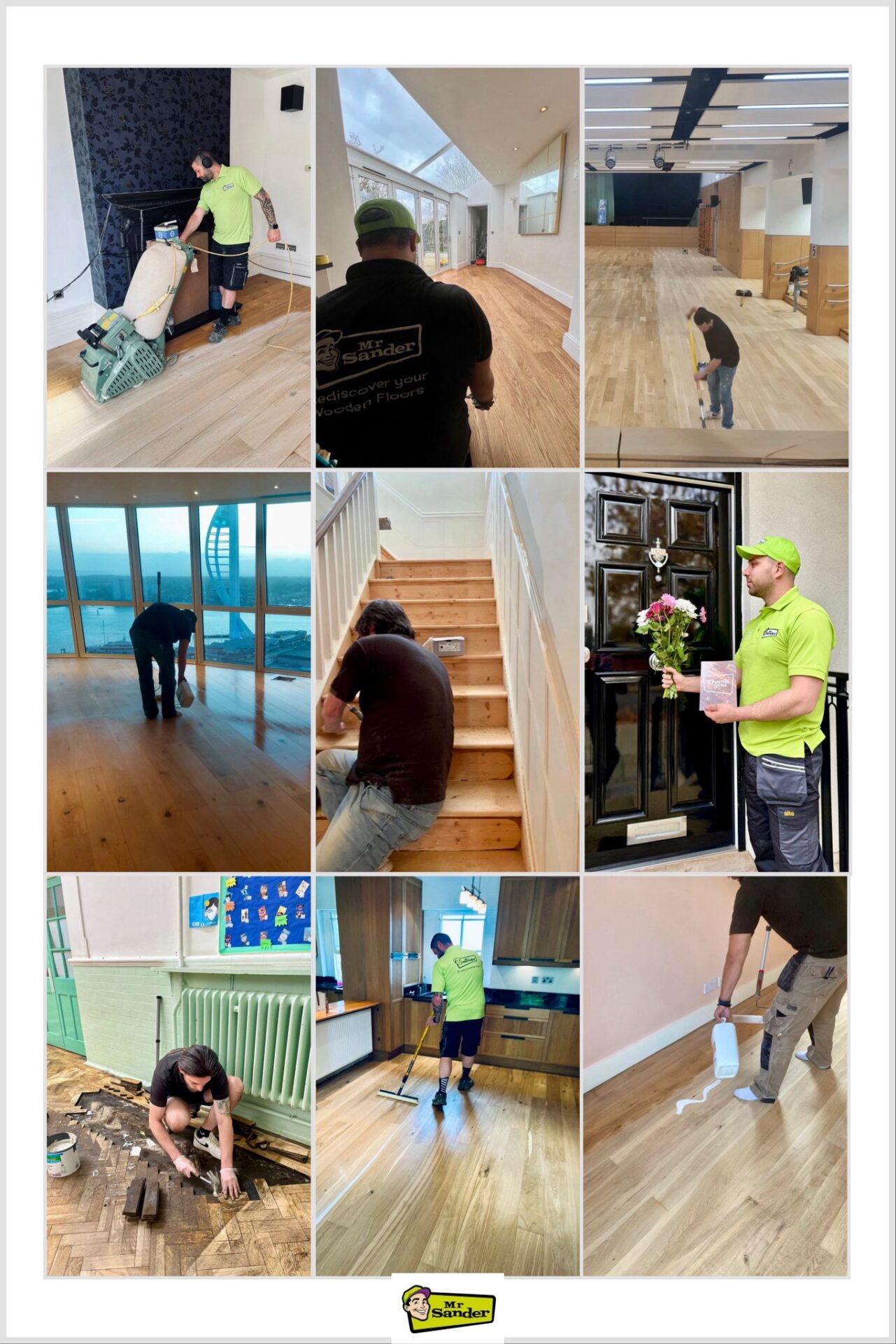 Collage of Community Hall Floor Sanding and wood floor restoration by Mr Sander, showing technicians sanding and finishing oak plank floors, maple hardwood strip hall floor and timber stairs.