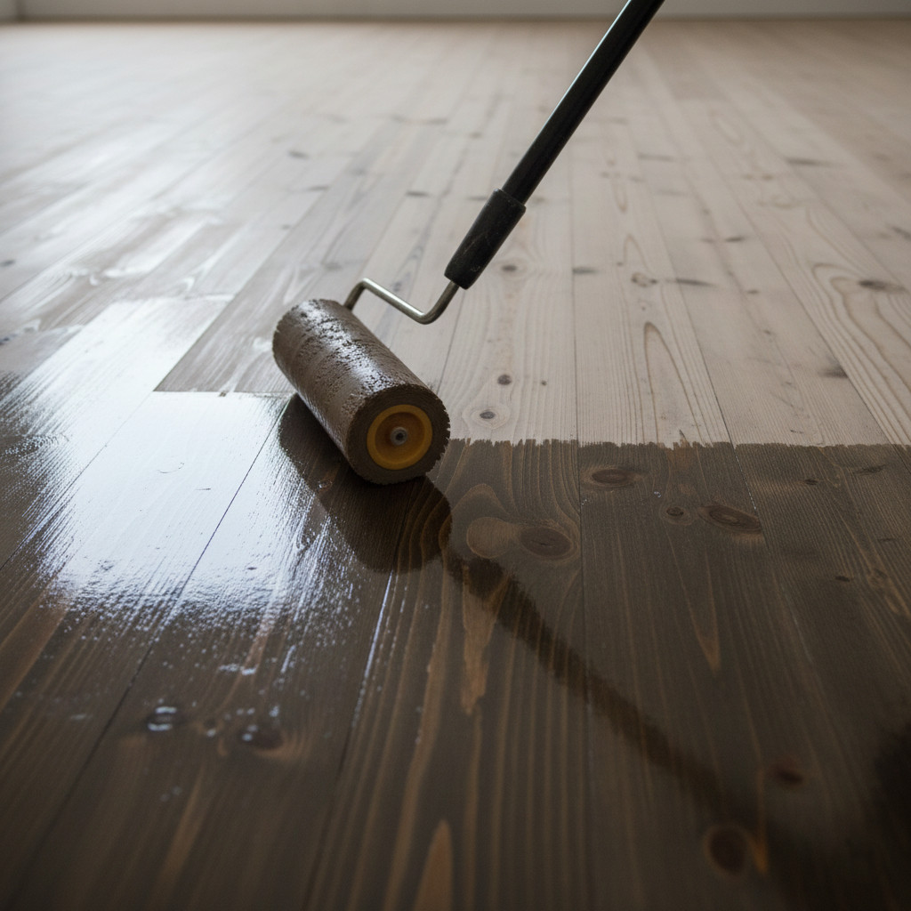 A conceptual image showing a roller transforming light pine boards with a deep, glossy dark wood floor staining.