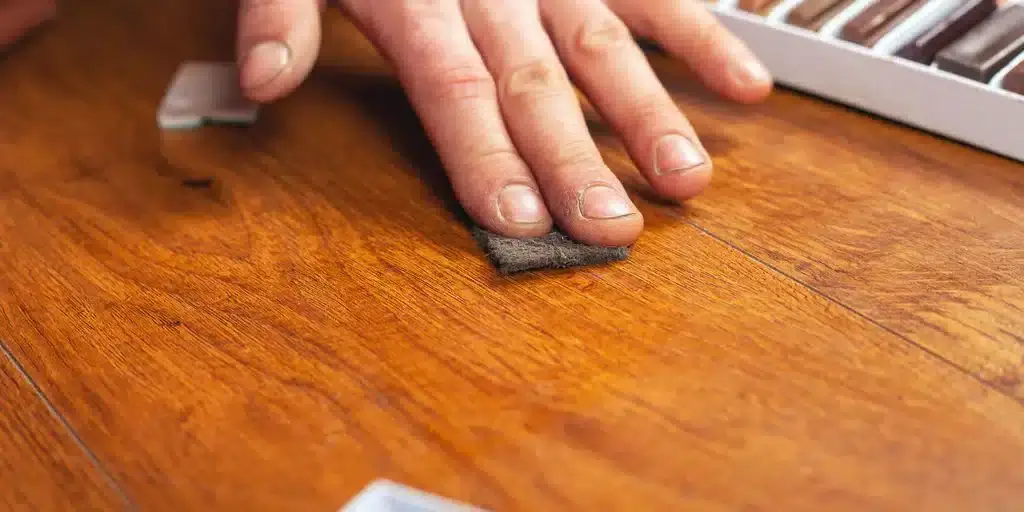 A close-up of a man from Mr Sander® sanding a wooden floor by hand in a UK living room. He uses a fine sanding pad to achieve a smooth, polished surface, demonstrating precision and attention to detail in the floor refinishing process.