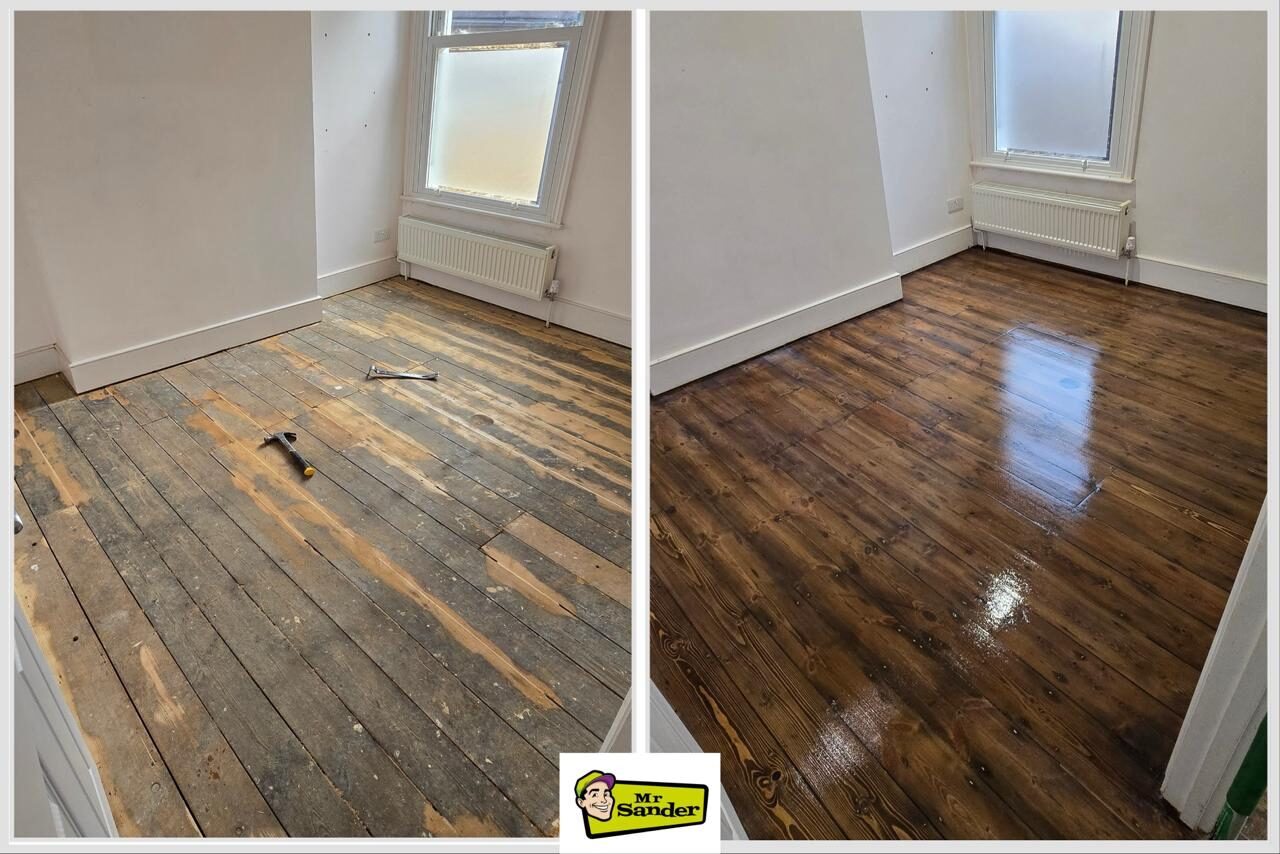 Before-and-after collage of DIY floorboard sanding in a small bedroom—left shows worn, grey pine boards with tools; right shows the same floor stained dark and finished to a glossy sheen, radiator and window visible—Mr Sander®.