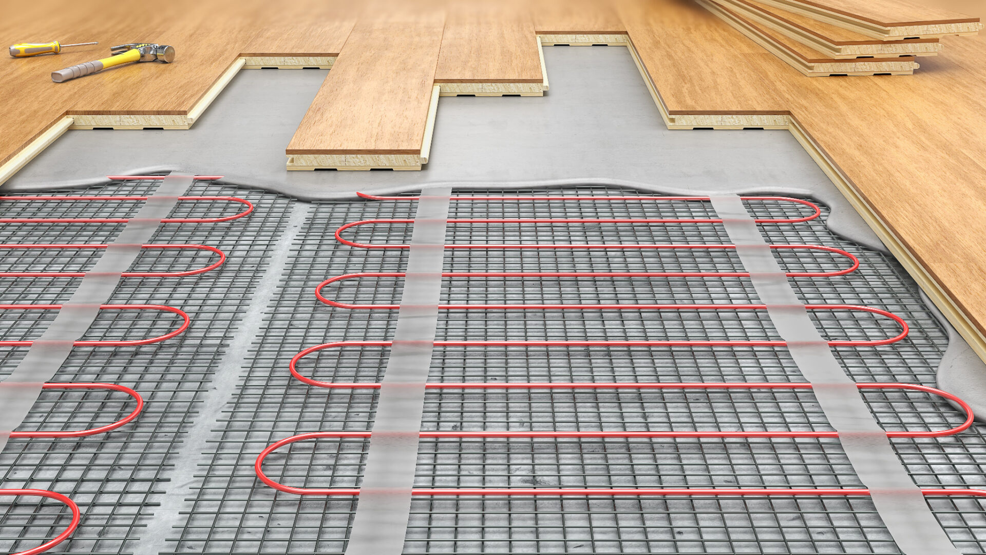 Underfloor heating pipes embedded in screed beneath oak engineered hardwood planks—essential reminder: Donot Fit Over a Wet Screed before installing the floor.