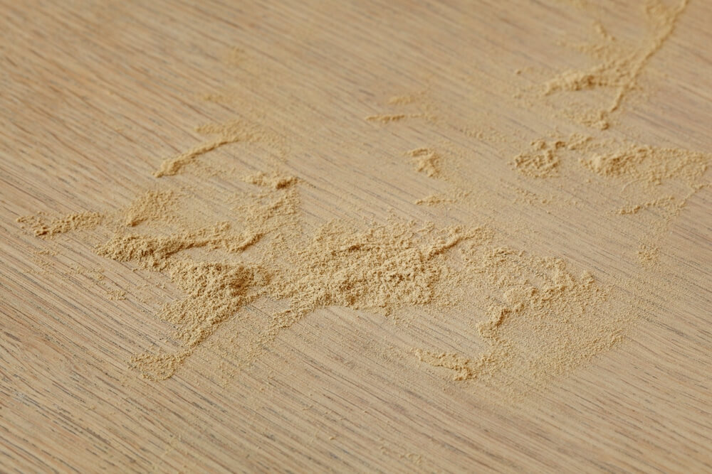 A close-up view of fine wood dust on an oak hardwood floor during the sanding process. The surface shows a partially sanded area, highlighting the transformation in progress as part of the refinishing work.