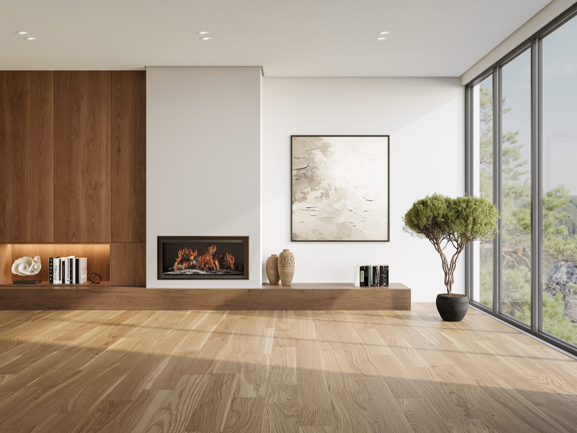 Engineered Floor Installation of oak strip engineered wood flooring in a bright modern living room with fireplace and full-height windows.