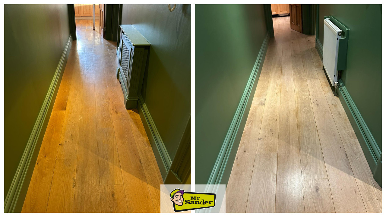 Before and after Engineered Floor Restoration on oak hallway engineered wood floorboards, transforming a worn orange finish into a pale, smooth matte surface.
