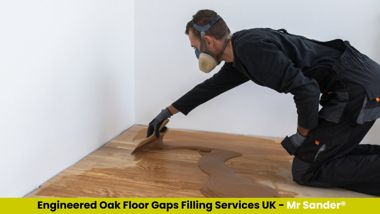 Mr Sander technician trowelling resin filler into gaps on engineered oak flooring beside a wall, dust-controlled.