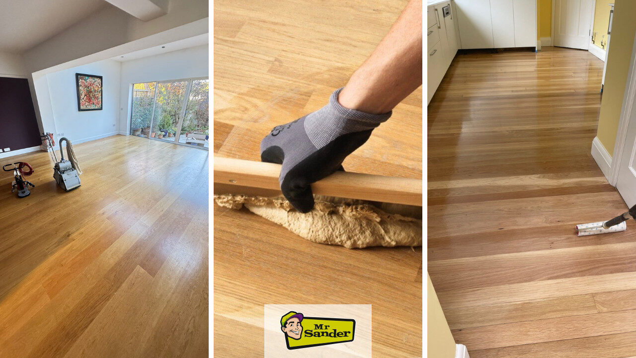 A three-part sequence showing expert wood floor sanding equipment, wood filler application, and the final lacquer coating on an oak hardwood plank floor.