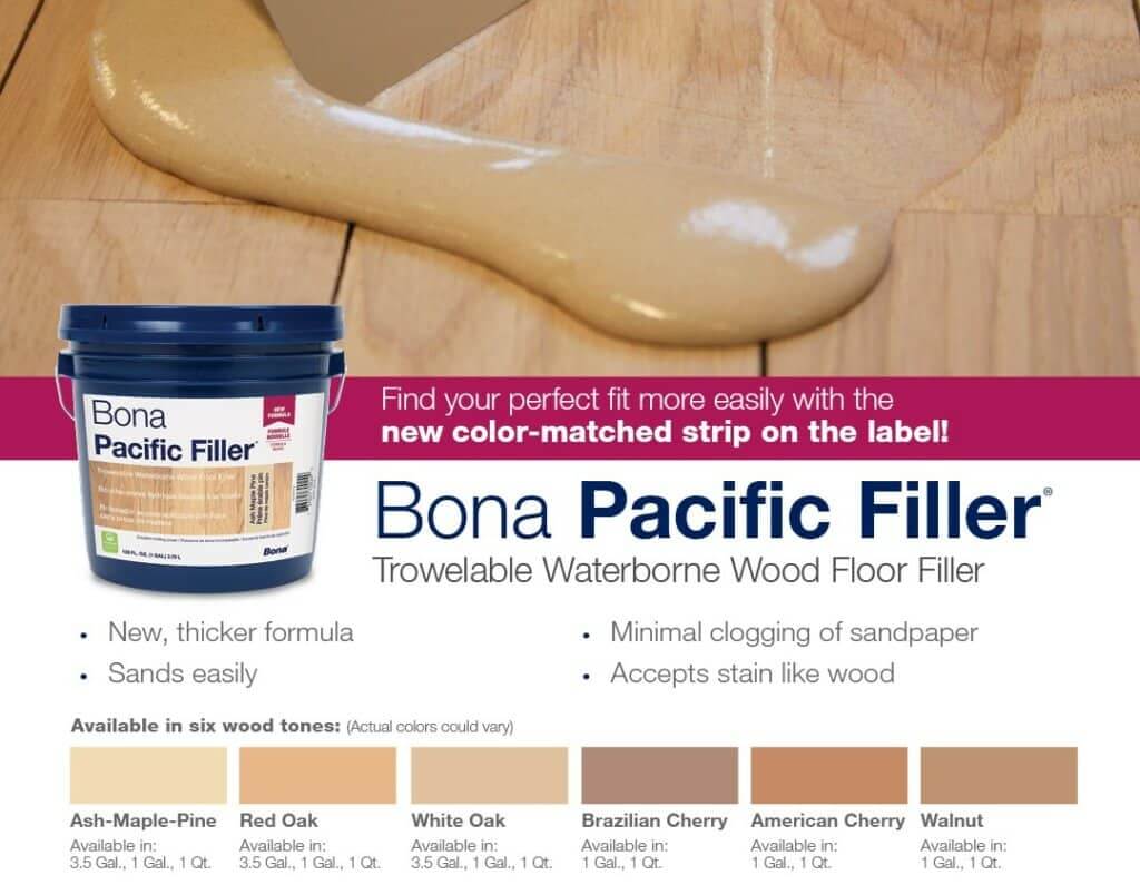 A promotional image for Bona Pacific Filler, a trowelable waterborne wood floor filler. The image shows a container of the filler and the product being applied to a wooden floor. The filler has a new, thicker formula that sands easily, minimizes sandpaper clogging, and accepts stains like wood. It is available in six wood tones: Ash-Maple-Pine, Red Oak, White Oak, Brazilian Cherry, American Cherry, and Walnut.