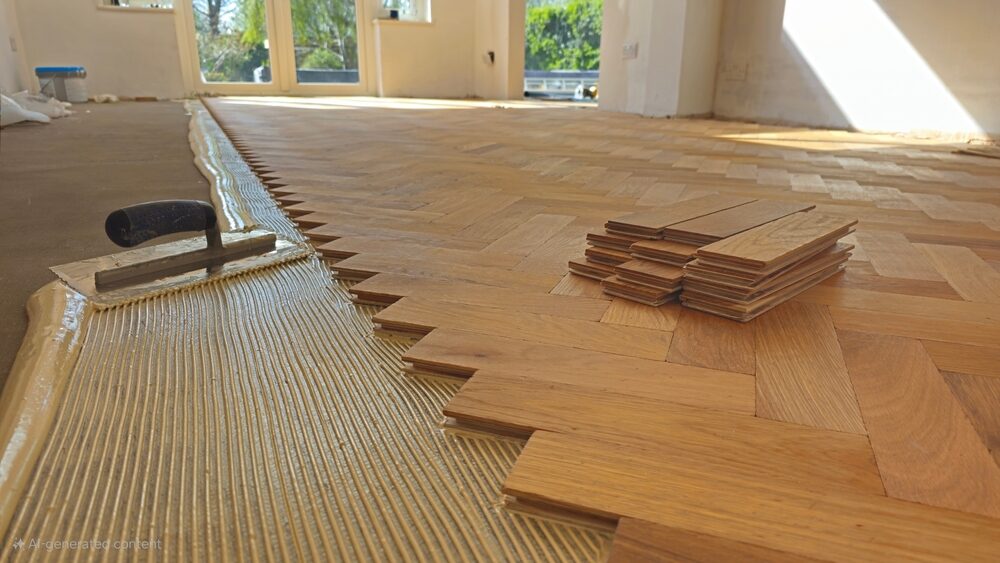 Herringbone oak parquet blocks being glued down with a notched trowel—an example of Floor Installation for Listed Buildings.