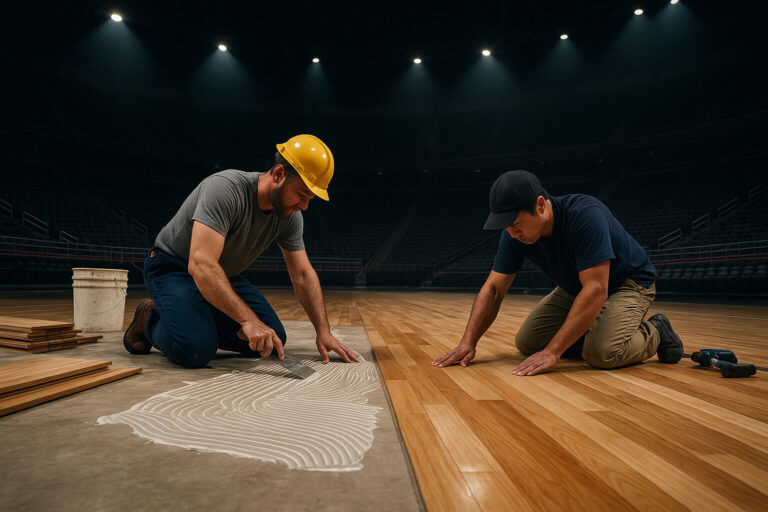 Two skilled installers laying maple boards and spreading adhesive during floor installation for sports arenas on a UK stadium court