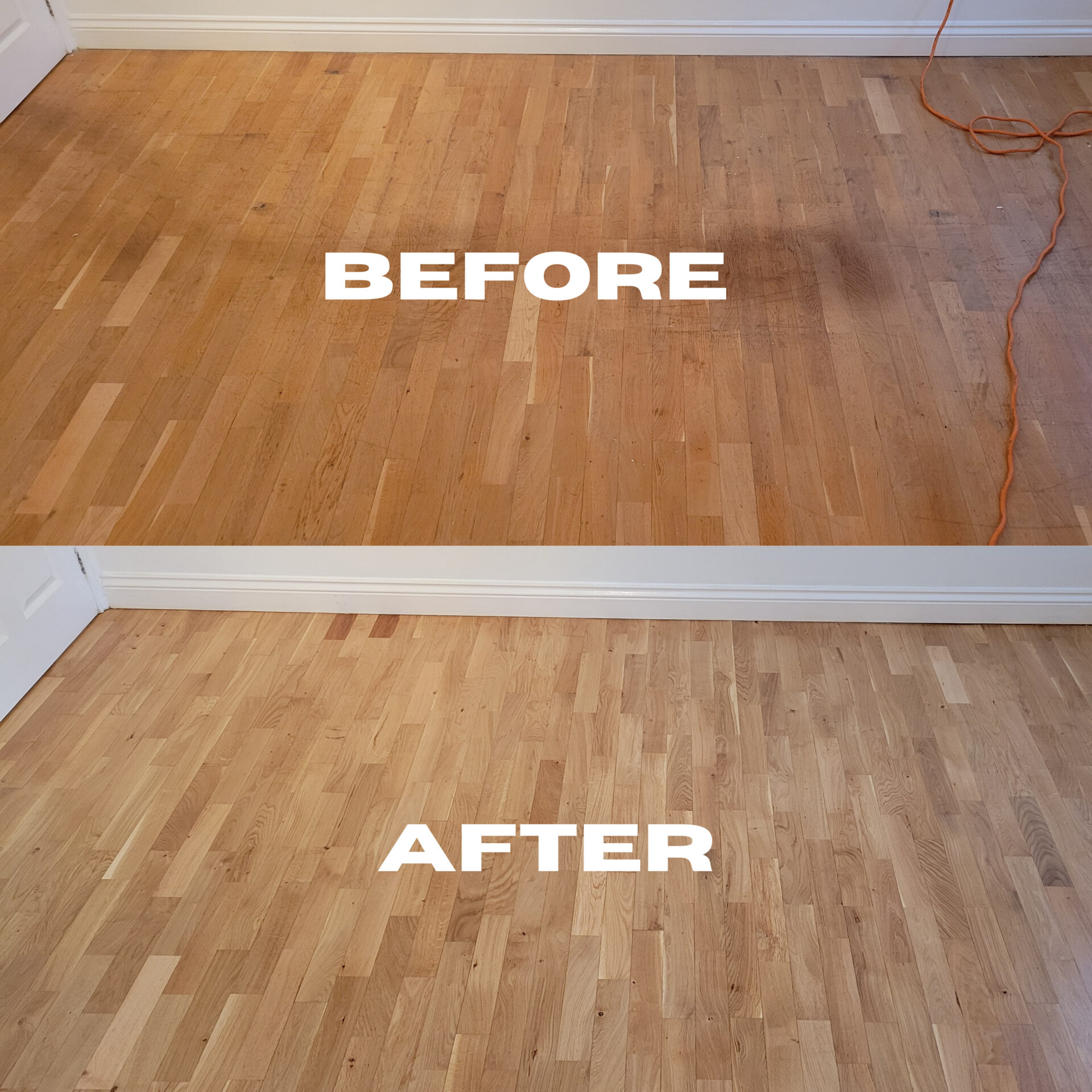 Side-by-side before and after of an oak strip wood floor showing the dramatic upgrade achieved with Floor Sanding and Satin Finishes by Mr Sander®.