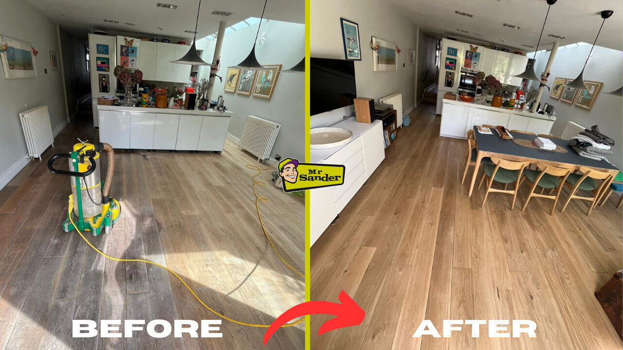 Floor Sanding and Dust Control - Side-by-side ‘before’ and ‘after’ comparison of an open-plan kitchen: left shows a dull, dusty wooden floor with a dust-extraction sander; right reveals the same space gleaming after professional floor sanding and dust control.