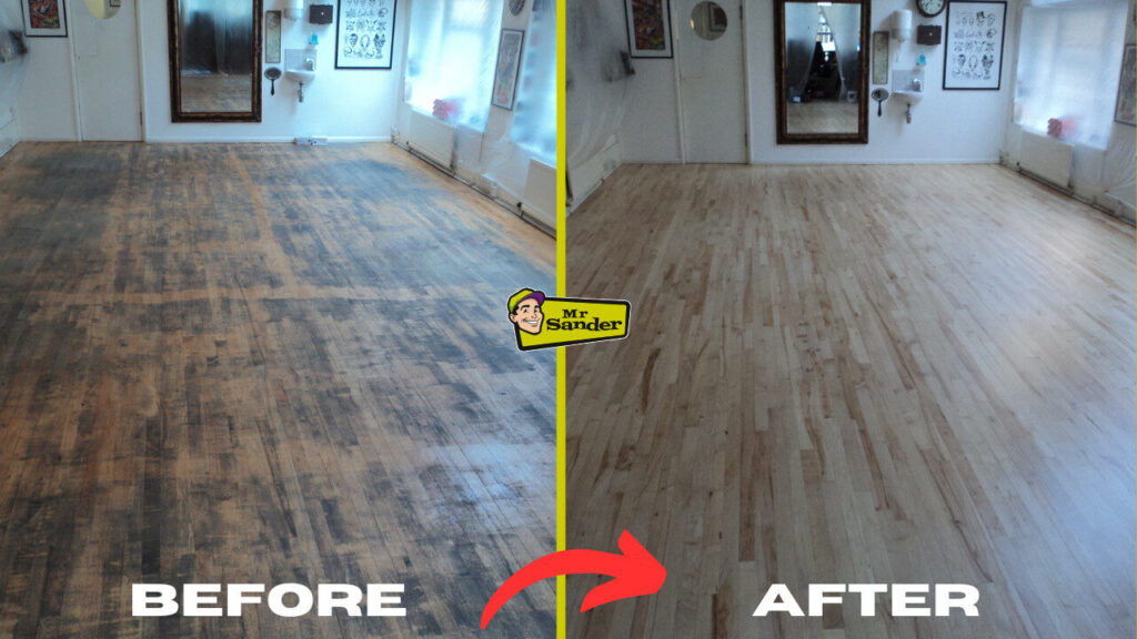 Floor Sanding For Art Galleries – dramatic before‑and‑after comparison of a maple strip floor, transformed from dark, worn boards to a bright, smooth exhibition‑ready surface.