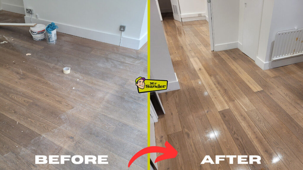 Before-and-after floor sanding for pet owners on oak engineered wood floorboards, transforming a scratched, dull surface into a clean, glossy finish.