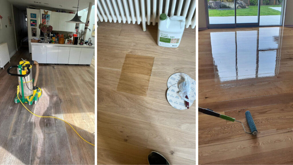 Three-panel collage showing the floor-sanding process for pet owners: left—dustless sanding machine on a dull oak floor; centre—Bona Traffic HD patch-test square on freshly sanded boards; right—clear lacquer being rolled on to create a glossy, pet-resistant finish.