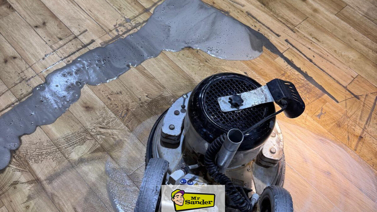 Close-up of dust-free floor sanding and resin gap filling on oak boards in Havering RM12 by Mr Sander®.