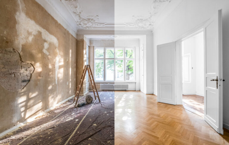 Before and after view of a room undergoing Floor Sanding and Home Renovations by Mr Sander®, showcasing the transformation of a parquet herringbone floor from a worn state to a polished finish.