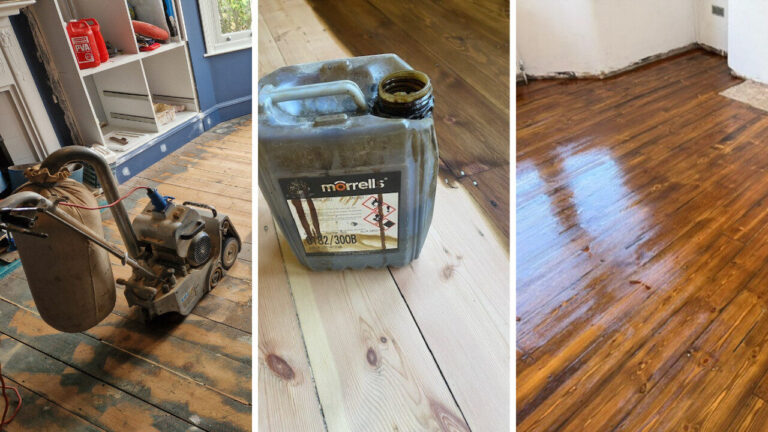 Triptych showing three stages of Floor Sanding in Historic Homes on original pine boards in Ealing: a drum sander at work on bare floorboards, an open Morrells stain can on freshly sanded timber, and a richly varnished, mirror-gloss finish.