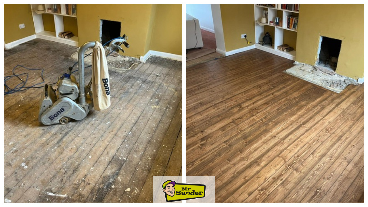Before and after Floor Sanding in London on solid pine floorboards, showing transformation from worn, paint-spotted boards to smooth, rich-toned finished wood.