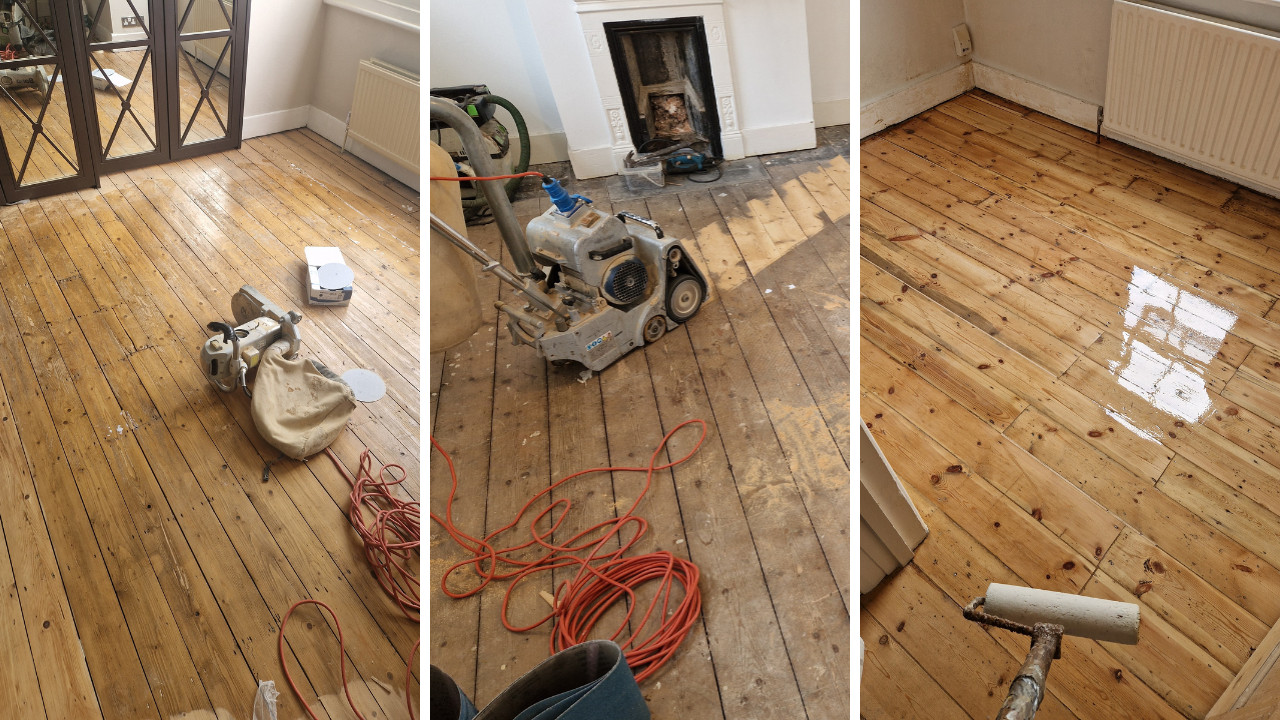 Floor Sanding in London on solid pine floorboards, showing sanding machines in use and the transformation from worn softwood boards to a smooth, freshly sealed finish.