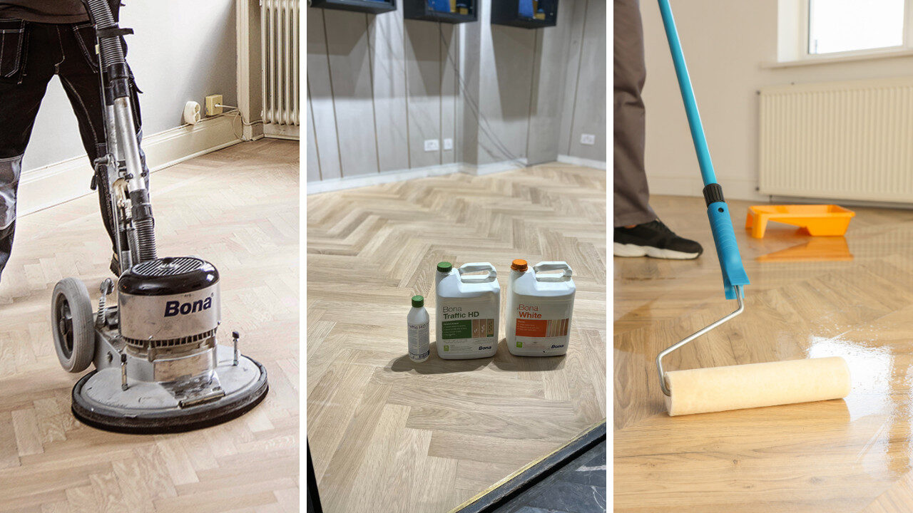 Three-step montage showing Floor Sanding in Retail Spaces: sanding, finishes staged, and final lacquer applied.