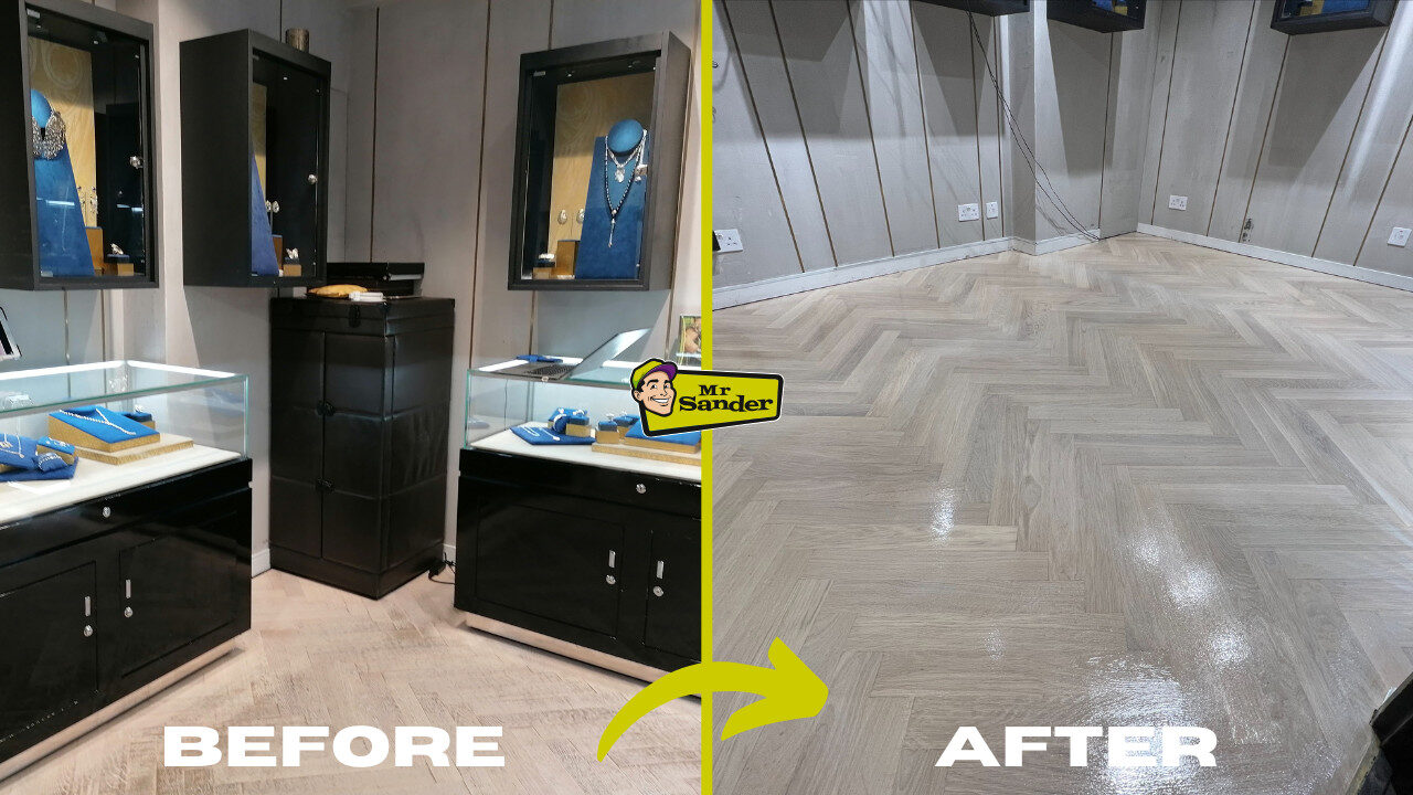 Floor Sanding in Retail Spaces – Herringbone Oak Parquet Transformation by Mr Sander