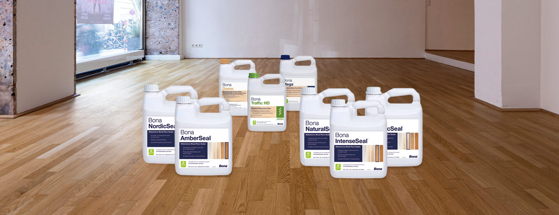 Floor Sanding finishes on oak strip wood flooring with Bona water-based sealers and lacquers displayed, showcasing protective and durable coating options.