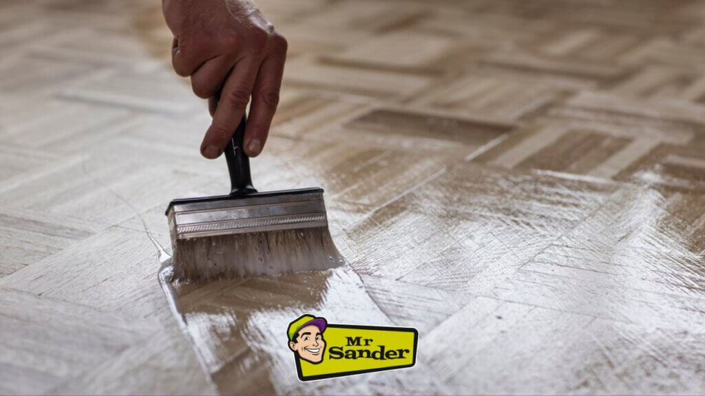Parquet floor refinishing with a brush applying finish by Mr Sander in Loughton, UK.