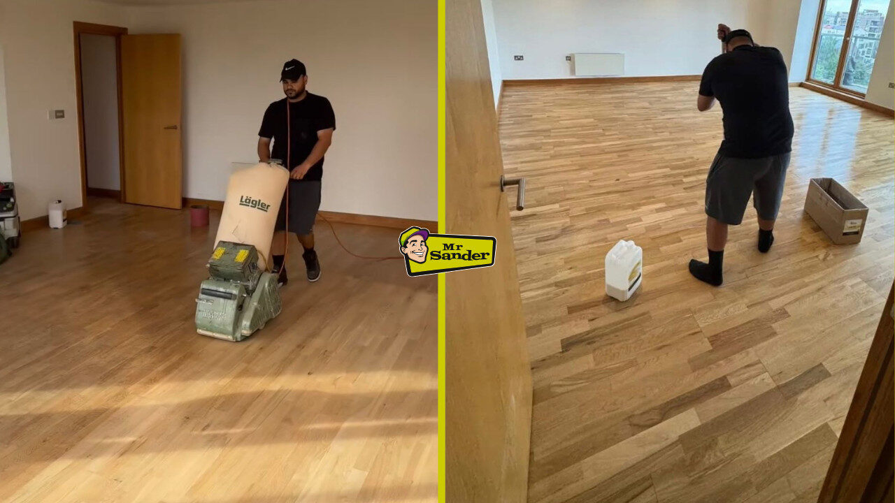 Floor Sanding in High‑Rise Buildings – side‑by‑side image of sanding and finishing stages on oak floor