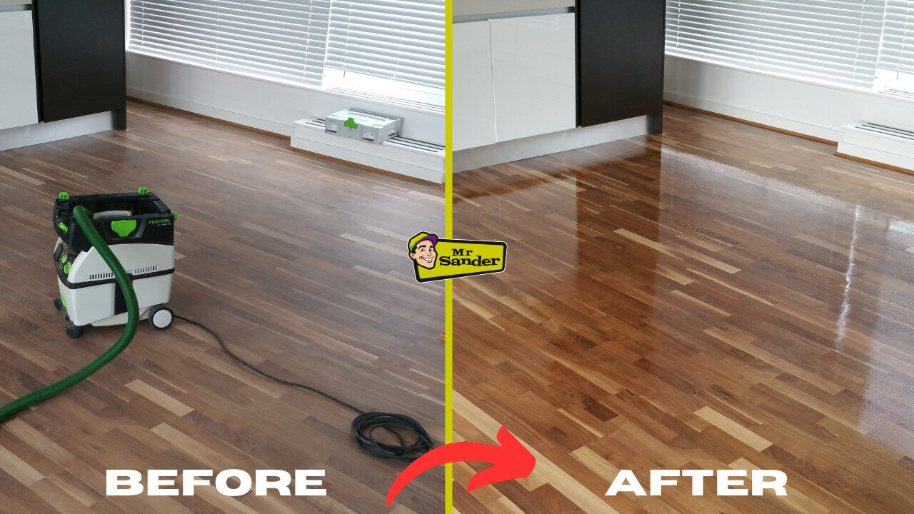 Floor Sanding in High‑Rise Buildings – before‑and‑after comparison of a kitchen‑lounge hardwood floor