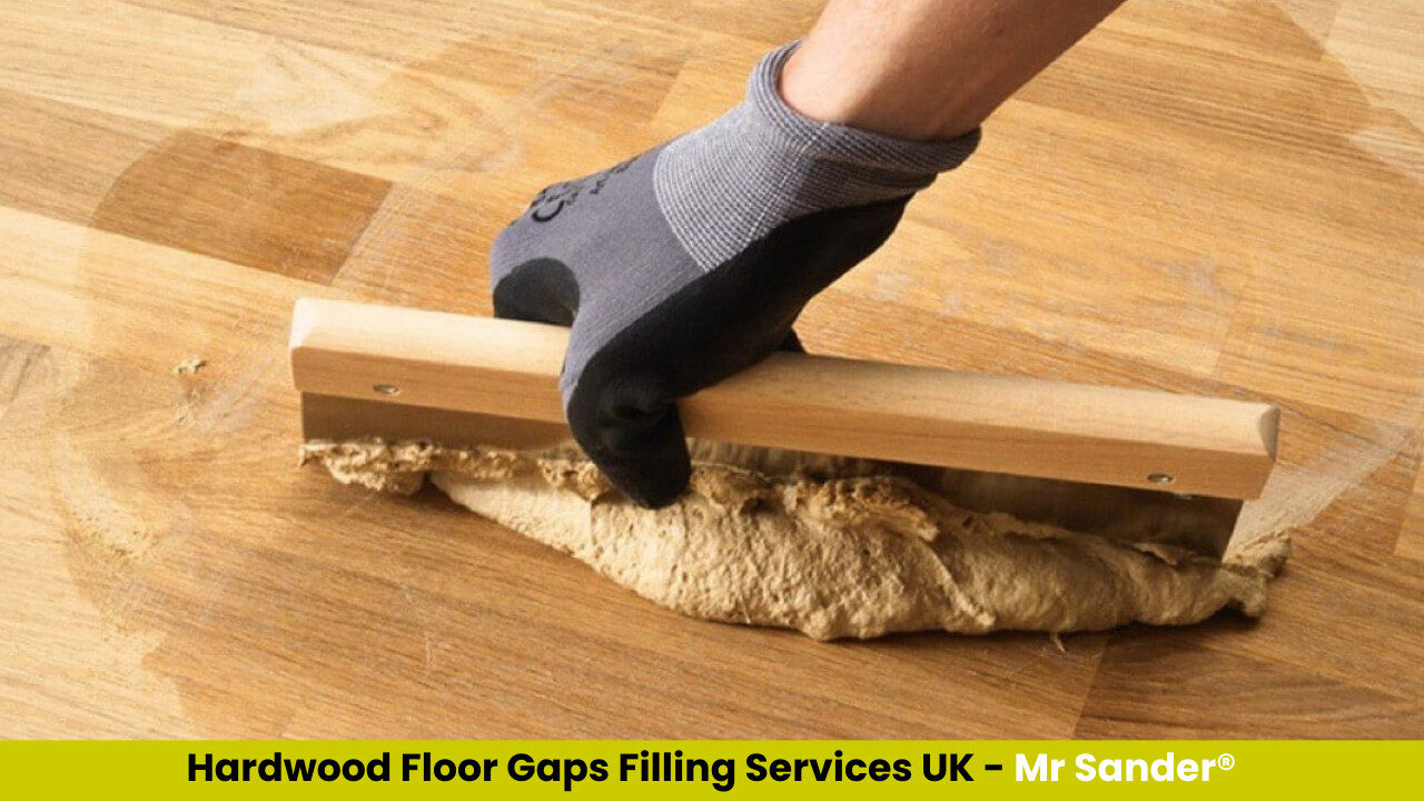 Hand pressing a floor scraper to push filler into hardwood board gaps.