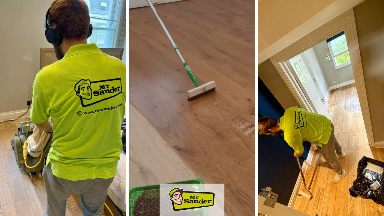 Mr Sander technician restoring an oak hardwood floor in a London home, sanding, sealing and edging the boards for a smooth, even finish.