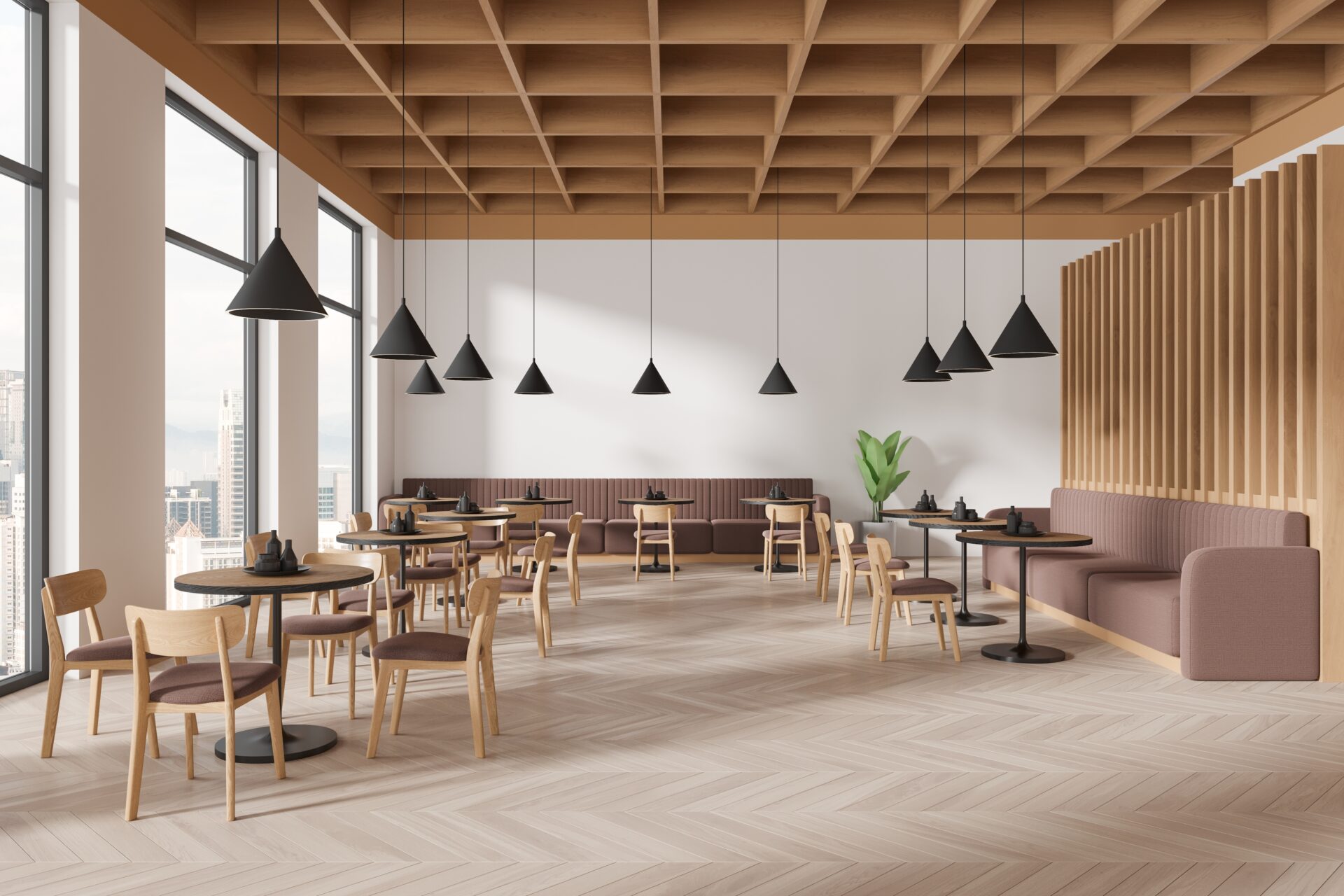 Herringbone parquet in a commercial break area after Floor Installation for Commercial Spaces by Mr Sander®