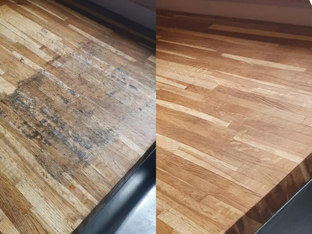 Before and after comparison of a wooden countertop restoration.