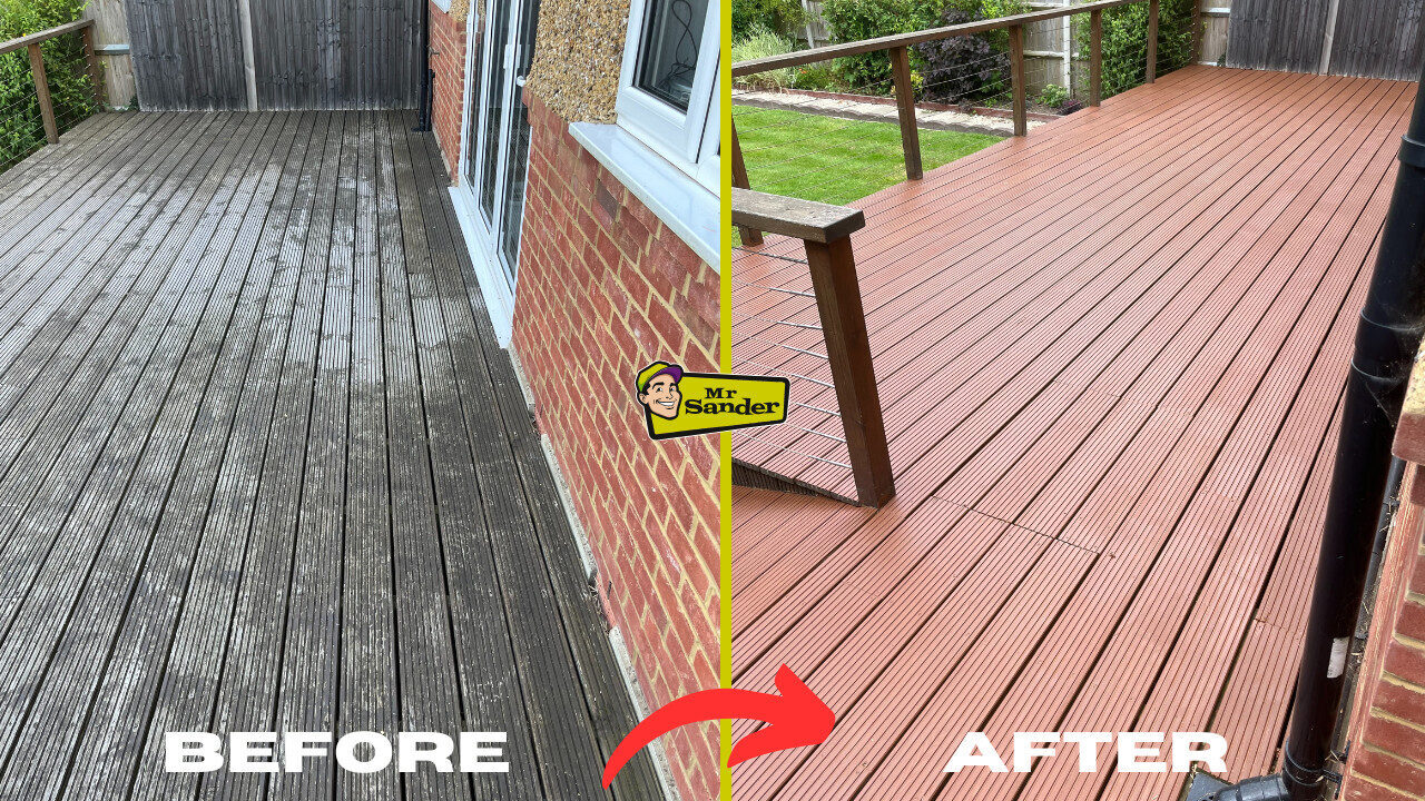 Joyful Decks before-and-after: grooved softwood timber decking restored by professional deck sanding to a smooth, even, richly coloured finish.