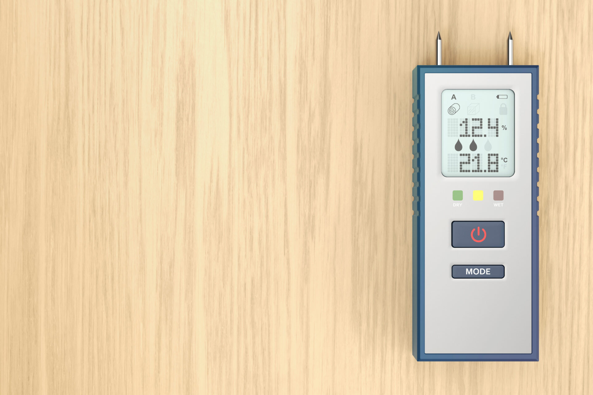 Pin-type moisture meter reading on Kahrs engineered oak wood flooring before installation – best-practice check from Kahrs Fitting Fables.