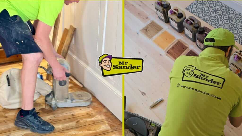 A two-part image showcasing professional floorboard restoration by Mr. Sander. The left shows sanding in progress, and the right displays various wood stains being tested for optimal finish.