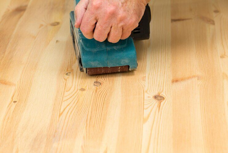 Close-up of a hand guiding a blue belt sander over a pine wood surface.