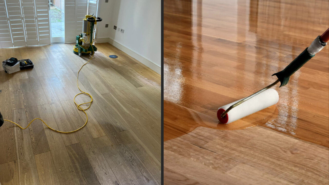 Side-by-side view of oak hardwood plank flooring during Sanding and Finishing—left shows bare, sanded boards with a floor sander; right shows a roller applying clear coat to reveal grain and gloss.
