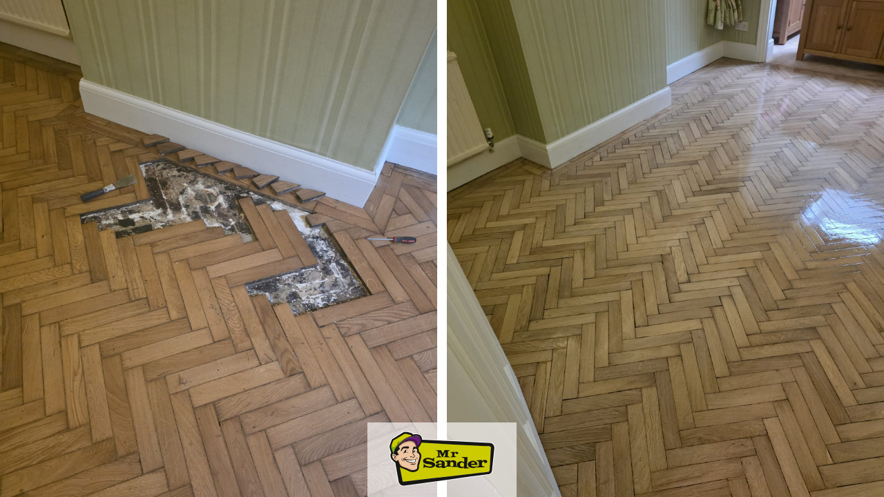 Before and after of an Oak herringbone parquet floor restoration showing Wood Floor Repairs and a fresh lacquer finish next to a staircase sanding project area.