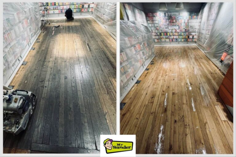 Side-by-side before and after photos of oak wood floor sanding and refinishing in a London library by Mr Sander®, showing dramatic restoration. Restoring Floors in Libraries.