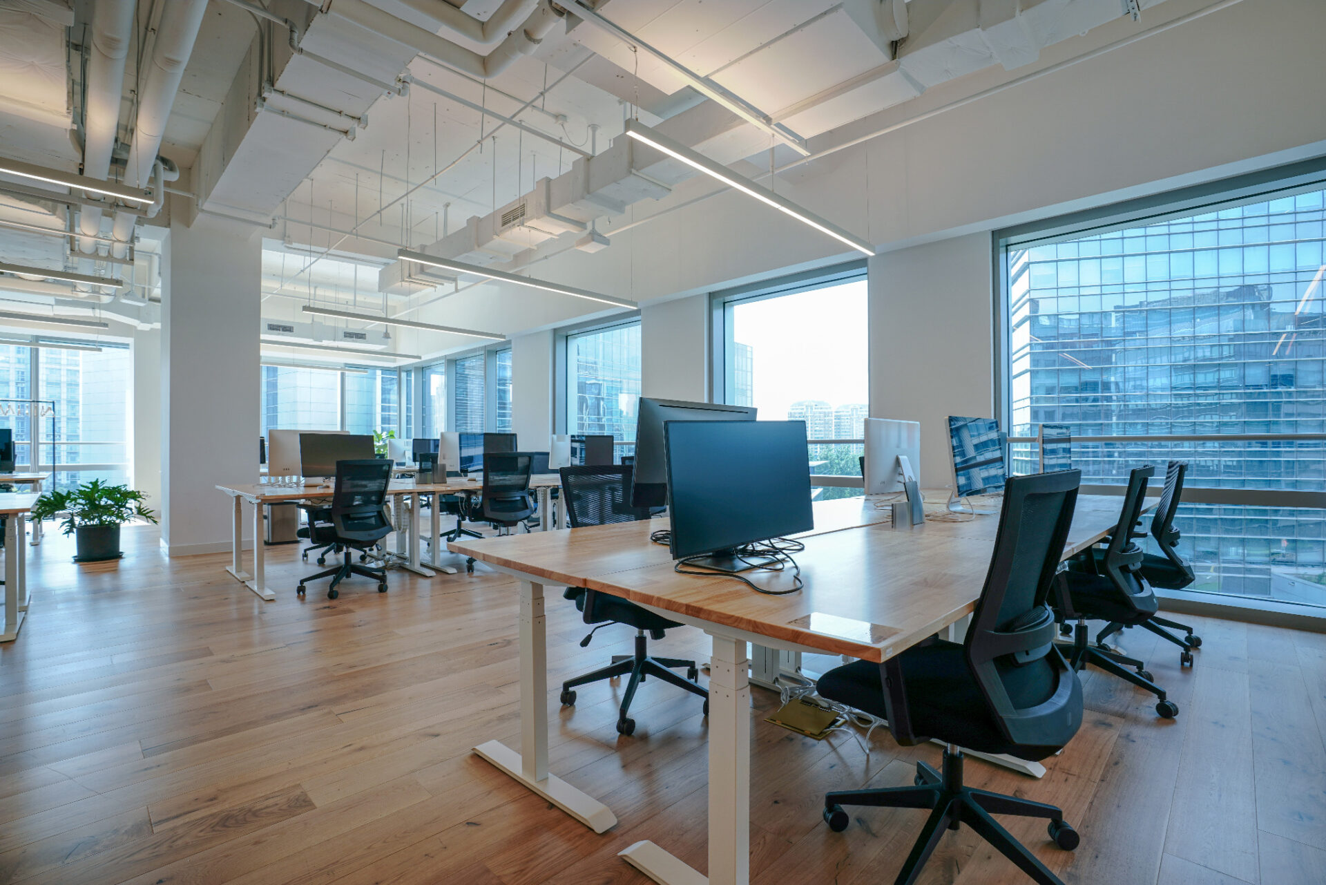 Offices Quiet Floors in an open-plan workspace with oak engineered plank flooring; ergonomic desks and soft-tread chairs on a smooth, low-sheen finish to reduce impact noise.