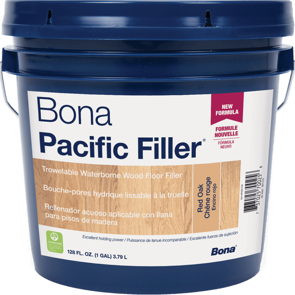 A blue container of Bona Pacific Filler, a trowelable waterborne wood floor filler designed for filling gaps and imperfections in wooden floors. The label indicates it is suitable for Red Oak and has a new formula, available in 128 fl. oz. (1 gallon) size.