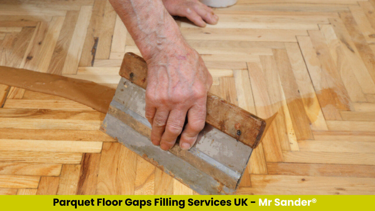 Parquet herringbone floor being filled with resin to close joints before sanding.