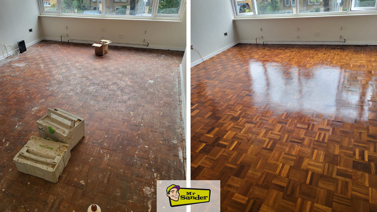 Parquet Floor Refinishing before and after: worn mosaic blocks sanded, gap-filled and sealed to a warm, glossy finish in a bright living room.Refinishing Parquet Flooring.