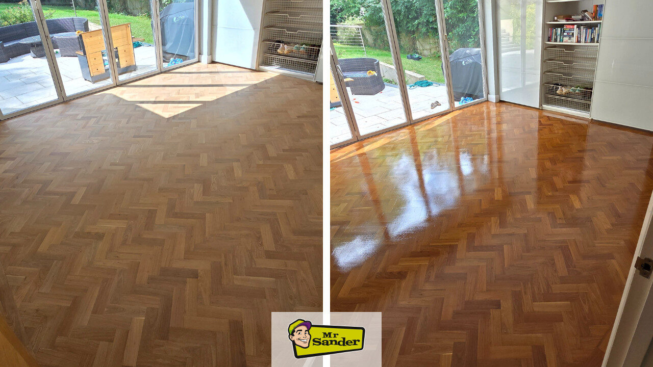 Parquet Floor Refinishing before and after: herringbone parquet in a bright garden room sanded, gap-filled and sealed to a rich satin-gloss finish.Refinishing Parquet Flooring.