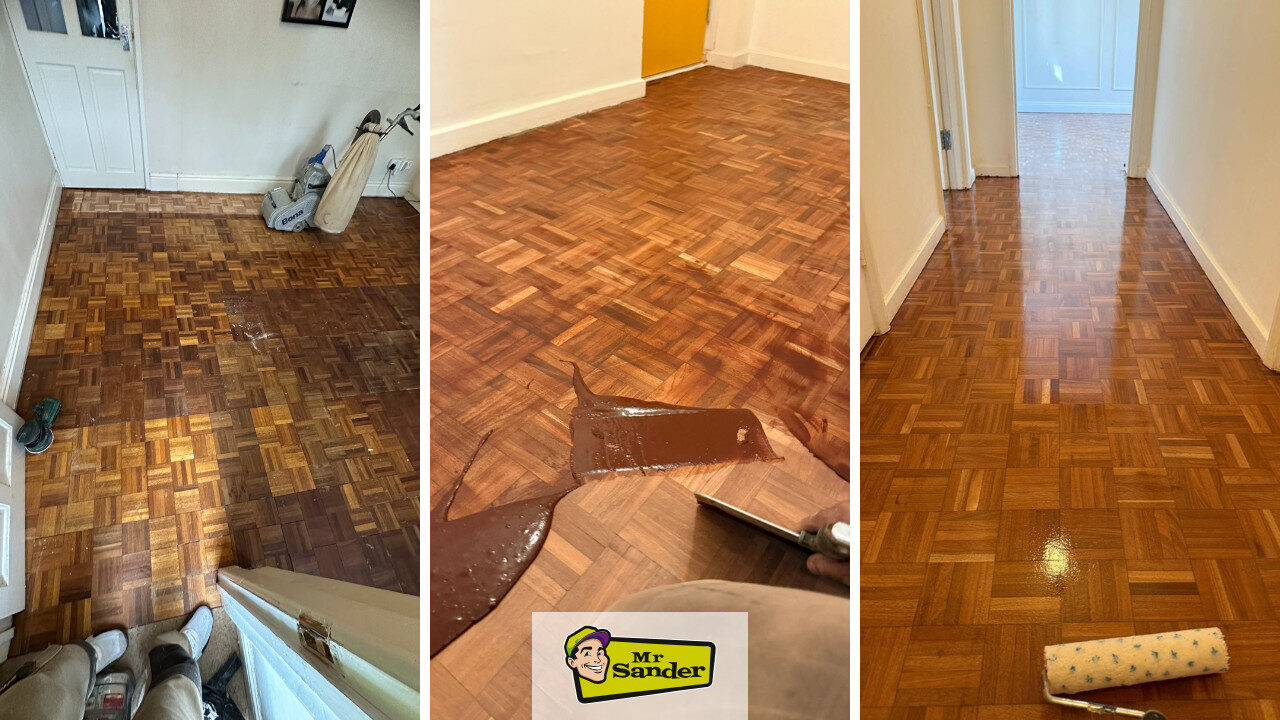 Parquet Floor Refinishing progress: mosaic parquet sanding, resin gap-filling with trowel, and final lacquer coat in hallway for a rich, even sheen.Refinishing Parquet Flooring.