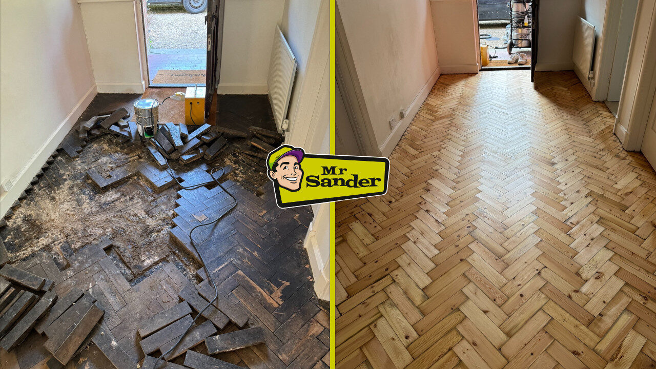 Parquet Floor Restoration before/after: left shows damaged dark herringbone blocks being lifted; right shows a freshly sanded, restored herringbone hallway floor.