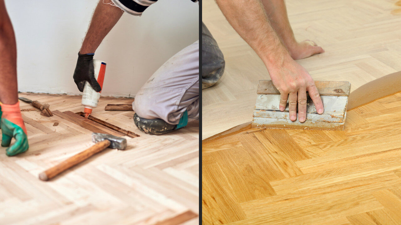 Technicians performing Parquet Floor Sanding with repairs and finishing on a herringbone oak parquet wood floor—block replacement, gap filling, then oil application for an even sheen.